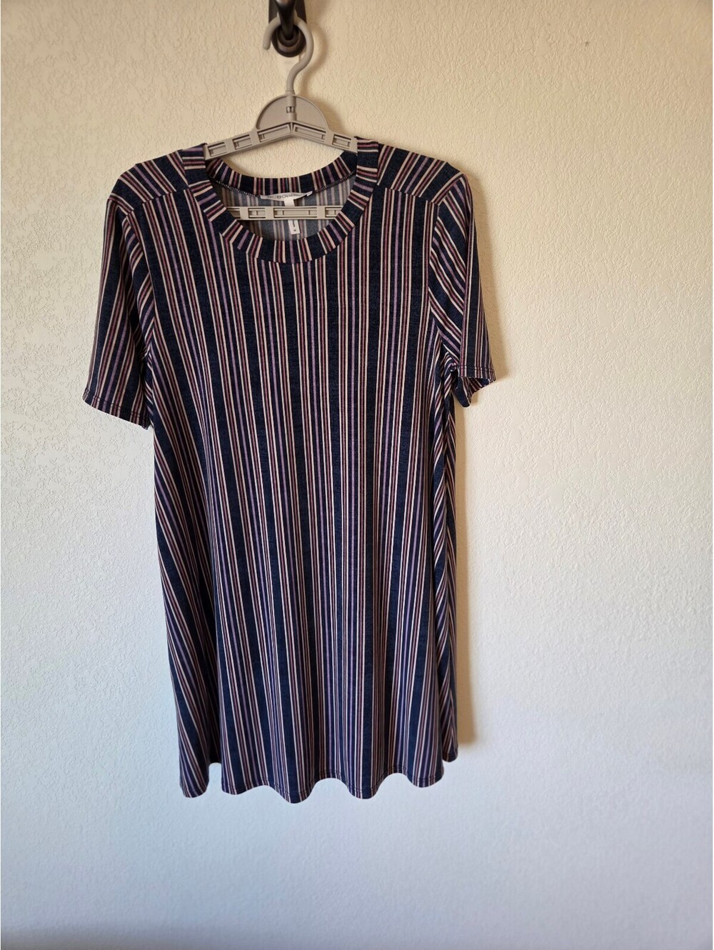 BCBGeneration Navy and Pink Striped Short Sleeve Casual Dress, Size M